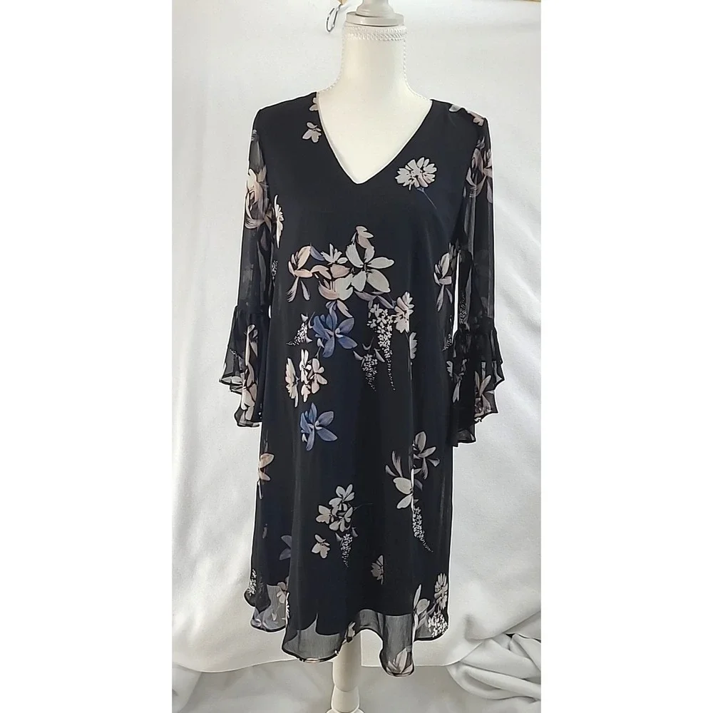 Calvin Klein Dress Sz 6 Black Chiffon Ruffles Floral Whimsigoth Fairy‎ Event EUC